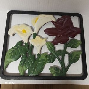 Vintage Painted Floral Cast Iron Trivet